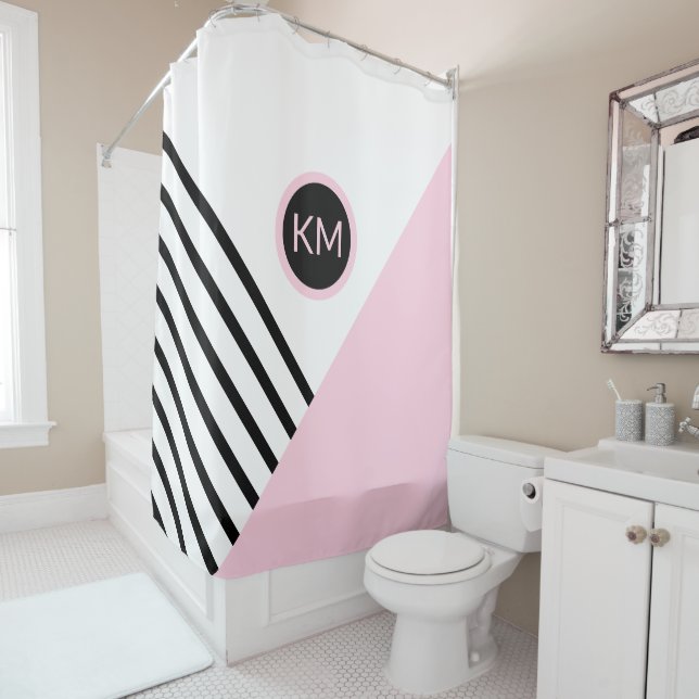 Retro Chic Colour Block Stripes and Monogram Shower Curtain (In Situ)