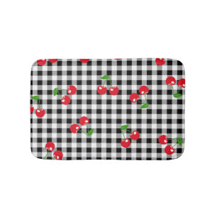 Retro Chic Cute Red Cherry Black & White Gingham  Bath Mat