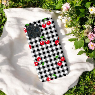 Retro Chic Cute Red Cherry Black & White Gingham iPhone 13 Pro Max Case