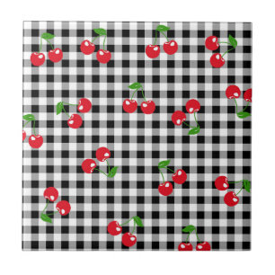 Retro Chic Cute Red Cherry Black White Gingham Ceramic Tile