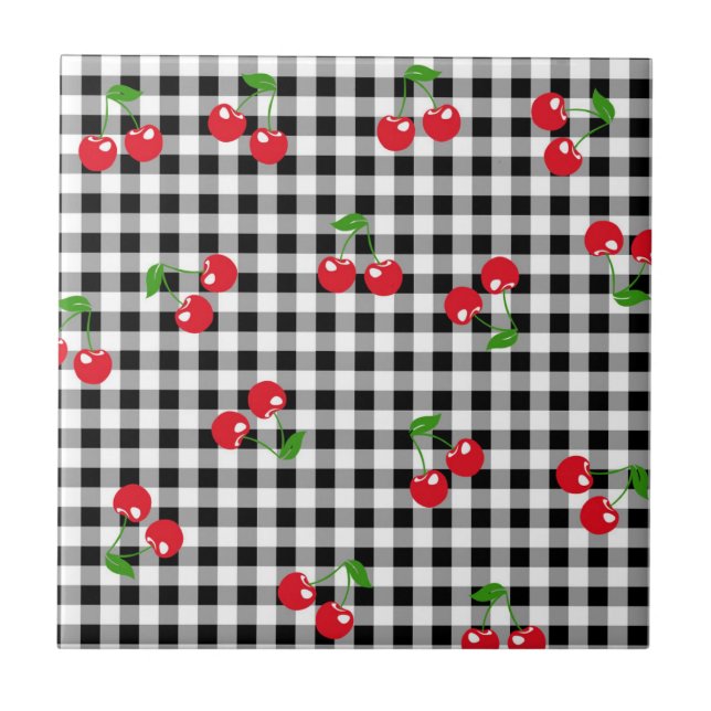 Retro Chic Cute Red Cherry Black White Gingham Ceramic Tile (Front)