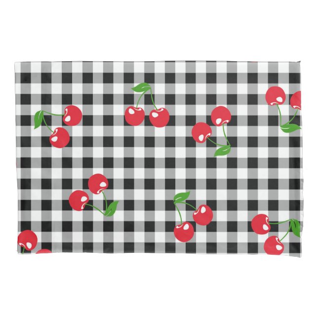 Retro Chic Cute Red Cherry Black White Gingham  Pillowcase (Front)