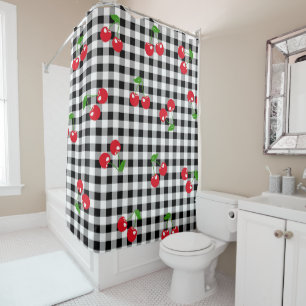 Retro Chic Cute Red Cherry Black & White Gingham  Shower Curtain