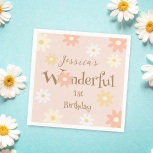 Retro Chic Daisy Flowers Cute Onederful Birthday Napkin