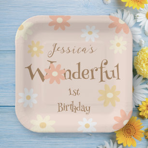 Retro Chic Daisy Flowers Cute Onederful Birthday Paper Plate