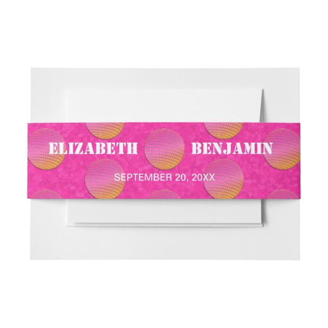 Retro Chic Disco Balls Hot Pink And Orange Wedding Invitation Belly Band (Front Example)