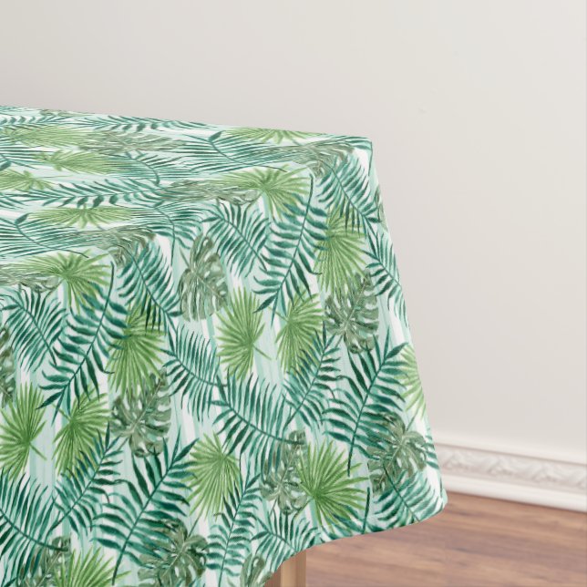 Retro Chic Green Palm Leaves Watercolor Art Tablecloth (In Situ)