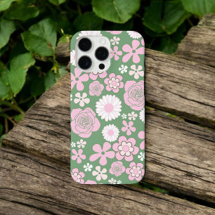 Retro Chic Green & Pink Floral Pattern Whimsical  iPhone 16 Pro Max Case