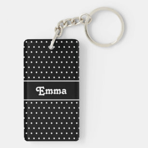 Retro Chic Name Polka Dot Black and White Keychain