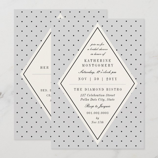 Retro Chic Polka Dots Diamond Bridal Shower Invite (Front/Back)