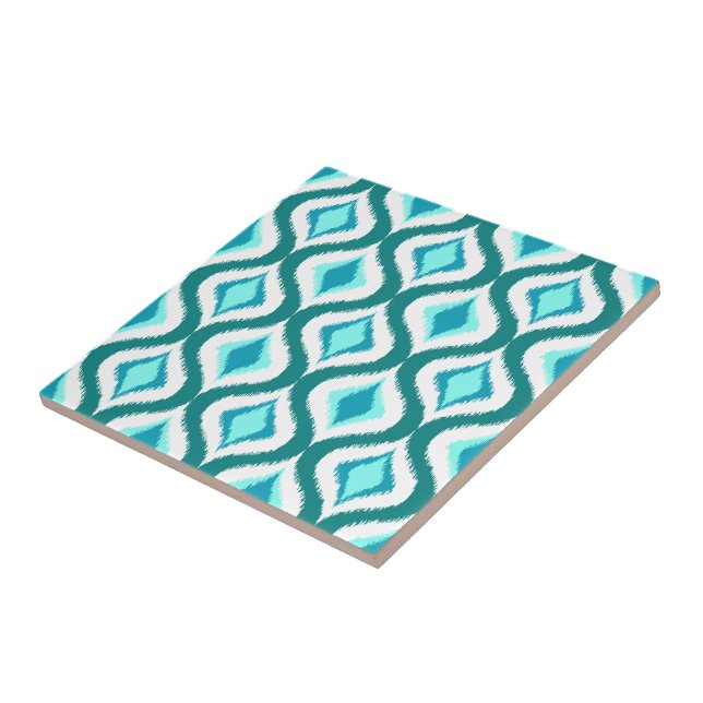 Retro Chic Teal Aqua Turquoise Ikat Drops Pattern Ceramic Tile (Side)