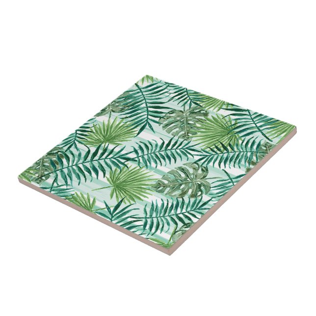 Retro Chic Tropical Green Palm Leaves Art Pattern Ceramic Tile (Side)