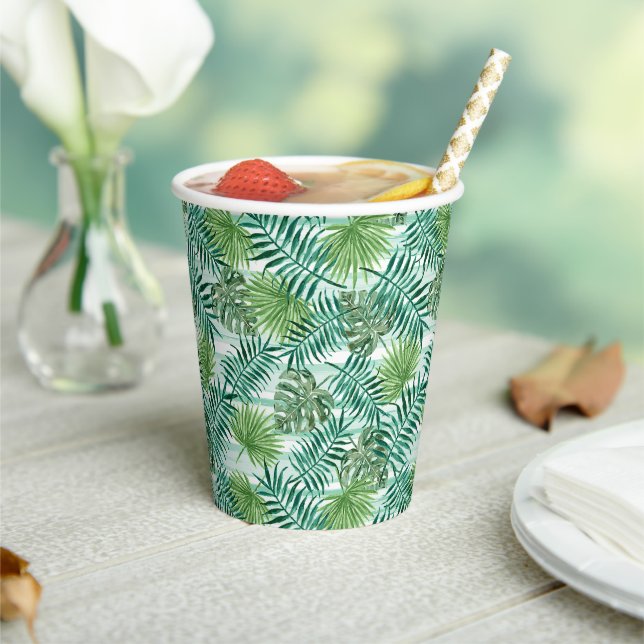 Retro Chic Tropical Green Palm Leaves Art Pattern Paper Cups (Insitu)