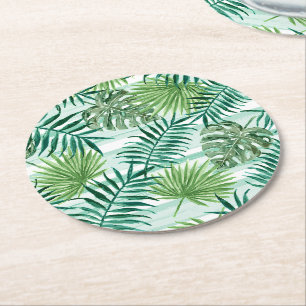 Retro Chic Tropical Green Palm Leaves Art Pattern Round Paper Coaster
