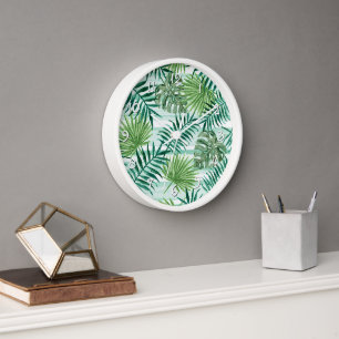 Retro Chic Tropical Green Palm Leaves Pattern Clock