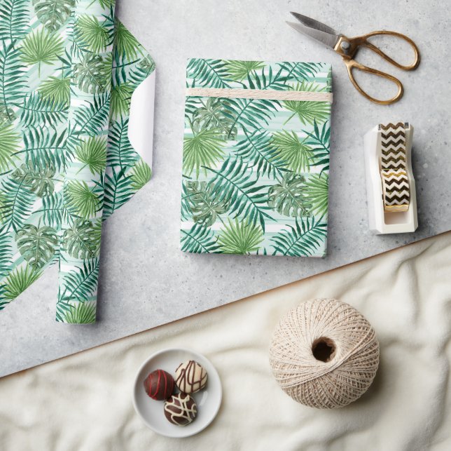 Retro Chic Tropical Green Palm Tree Leaves Foliage Wrapping Paper (Crafts)