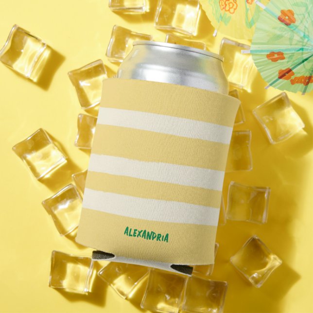 Retro Chic Yellow Stripes Personalised Can Cooler (In Situ Summer)