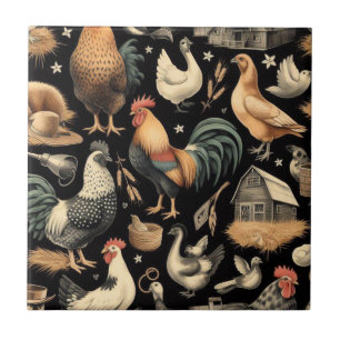 Retro Chicken Farm Pattern Ceramic Tile