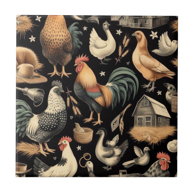 Retro Chicken Farm Pattern Ceramic Tile (Front)
