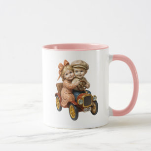 Retro children in an old car. mug