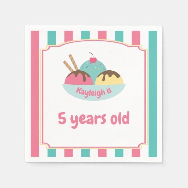 Retro Children's Pink Teal Ice Cream Party Napkin (Front)