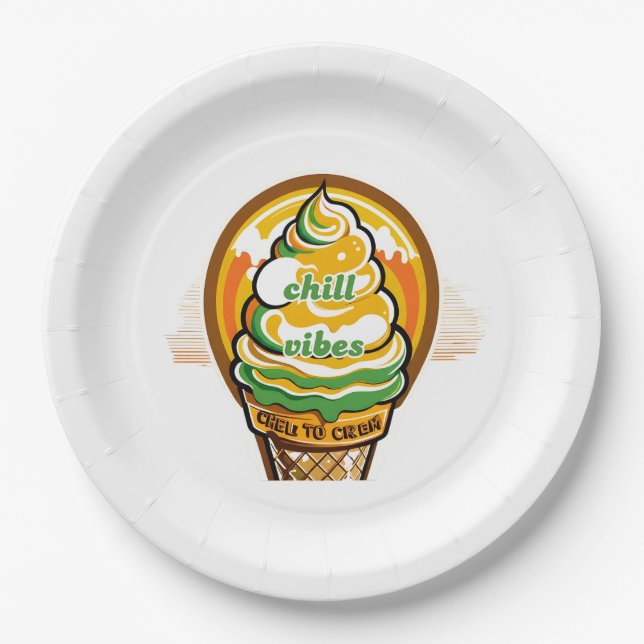 Retro Chill Vibes Ice Cream Sticker - Summer Sunbu Paper Plate (Front)