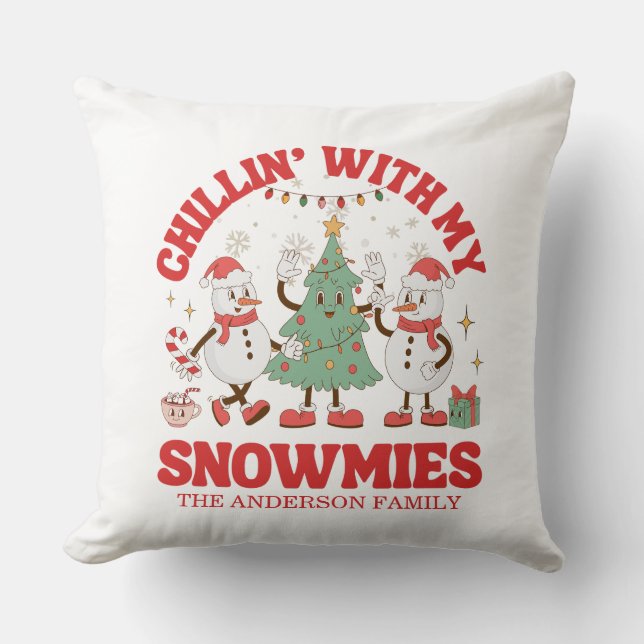 Retro Chillin' With My Snowmies Christmas Cushion (Front)