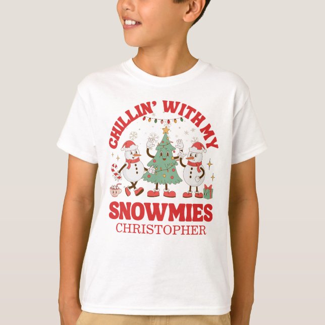 Retro Chillin' With My Snowmies Christmas T-Shirt (Front)
