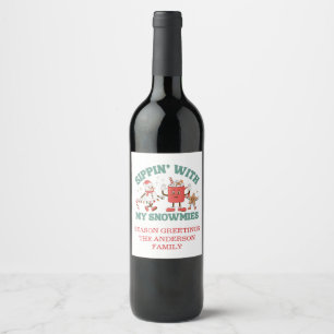 Retro Chillin' With My Snowmies Christmas Wine Label