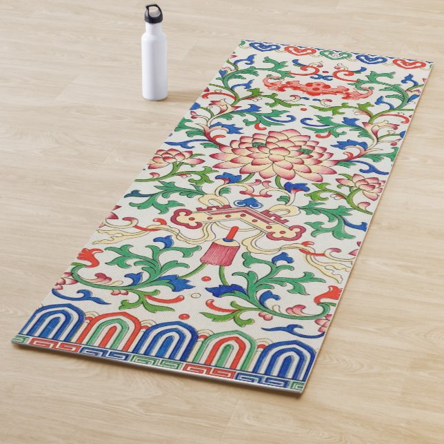 Retro China Lotus Botanical on White Chinoiserie  Yoga Mat (In Situ)