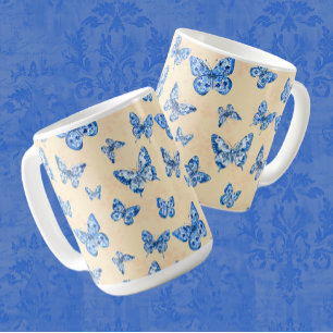 Retro Chinoiserie Blue Butterflies Blush Ivory Coffee Mug