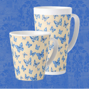 Retro Chinoiserie Blue Butterflies Blush Ivory Latte Mug