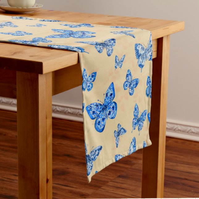 Retro Chinoiserie Blue Butterflies Blush Ivory  Medium Table Runner (Creator Uploaded)