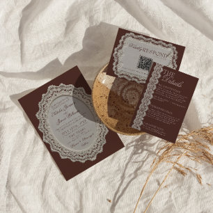 Retro Chocolate Brown Lace Doily Old Money Wedding Invitation