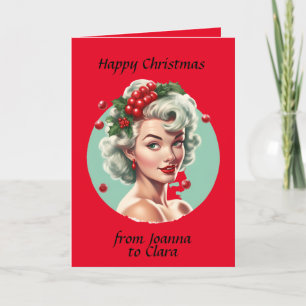 Retro Christmas 1950s pin-up girl - holly berries Holiday Card