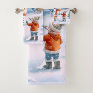 Retro Christmas 1950's Snowman  Bath Towel Set