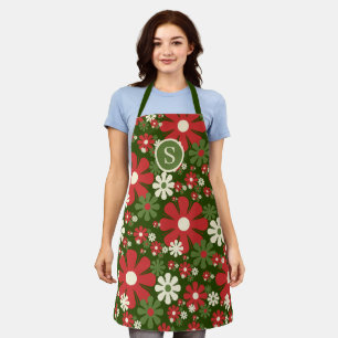 Retro Christmas 60s 70s Floral Pattern Initial Apron