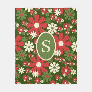 Retro Christmas 60s 70s Floral Pattern Initial Fleece Blanket