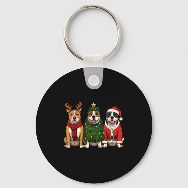 Retro Christmas American Bully Santa Reindeer Dog  Key Ring (Front)
