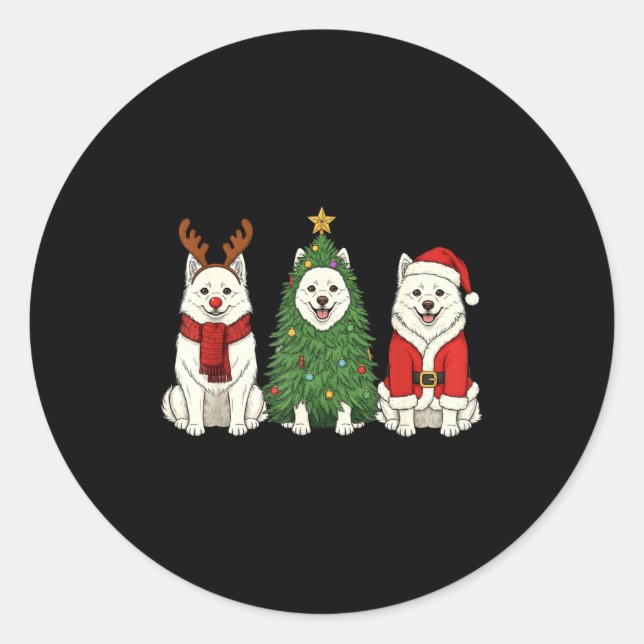 Retro Christmas American Eskimo Dog Santa Reindeer Classic Round Sticker (Front)