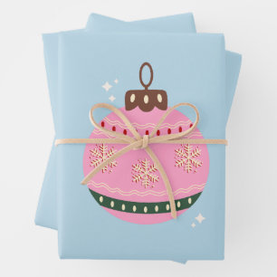Retro Christmas Bauble Pink Blue Preppy Holiday Wrapping Paper Sheet