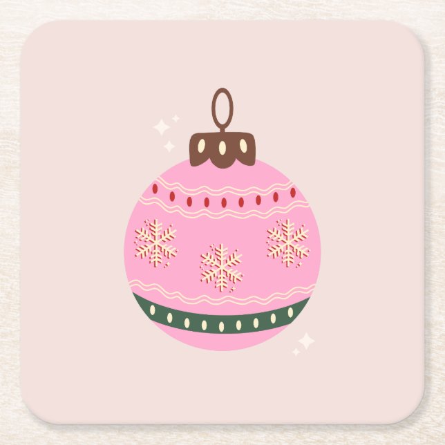 Retro Christmas Bauble Pink Holiday Square Paper Coaster (Front)