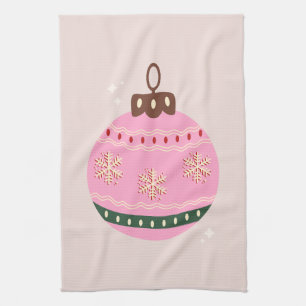 Retro Christmas Bauble Pink Holiday Tea Towel
