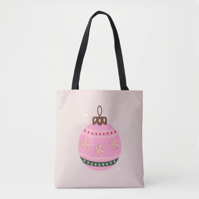 Retro Christmas Bauble Pink Holiday Tote Bag (Front)