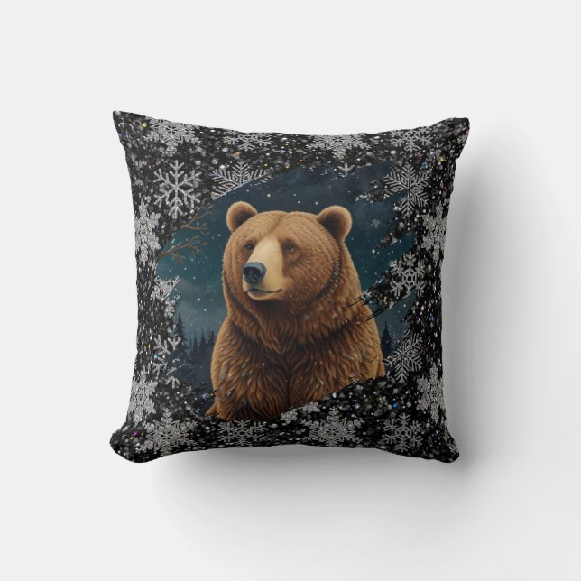 Retro Christmas bear midnight snowy landscape Cushion (Front)