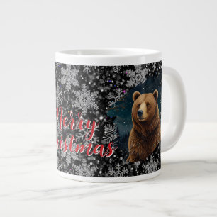 Retro Christmas bear midnight snowy landscape Large Coffee Mug