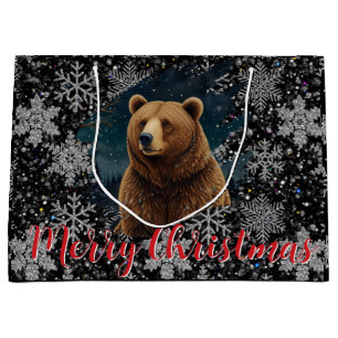Retro Christmas bear midnight snowy landscape Large Gift Bag