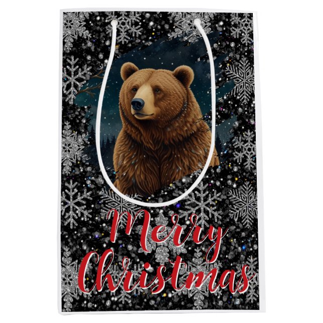 Retro Christmas bear midnight snowy landscape Medium Gift Bag (Front)