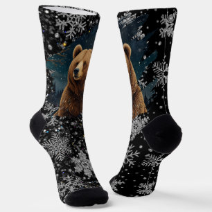 Retro Christmas bear midnight snowy landscape Socks