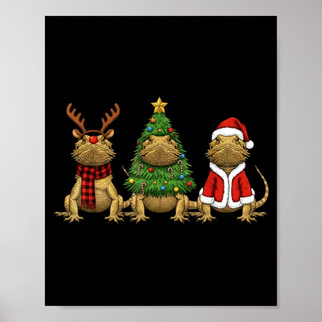 Retro Christmas Bearded Dragon Santa Reindeer  Poster (Front)